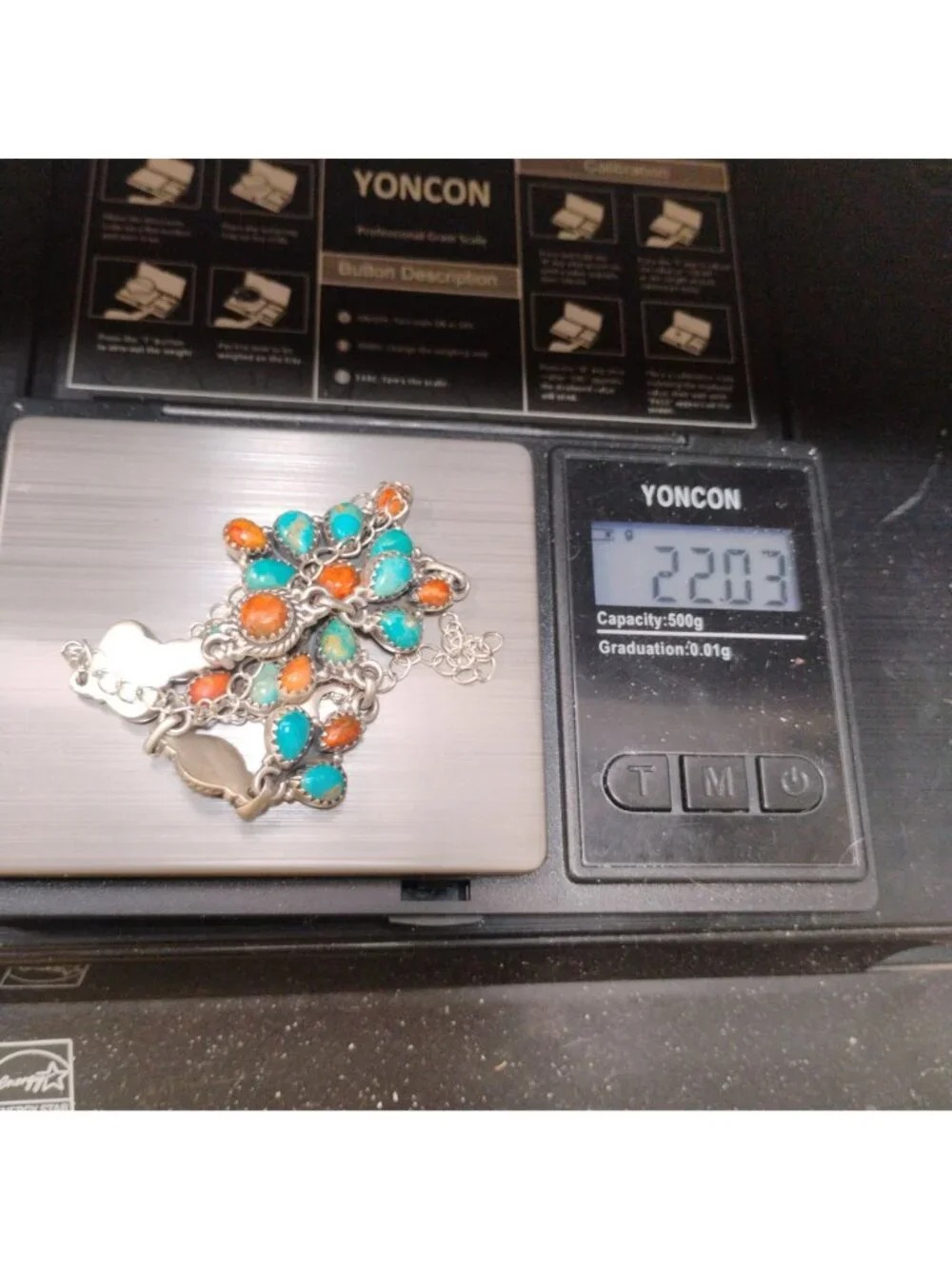 Southwest Turquoise & Orange Coral Cluster Sterling Silver Pendant Necklace